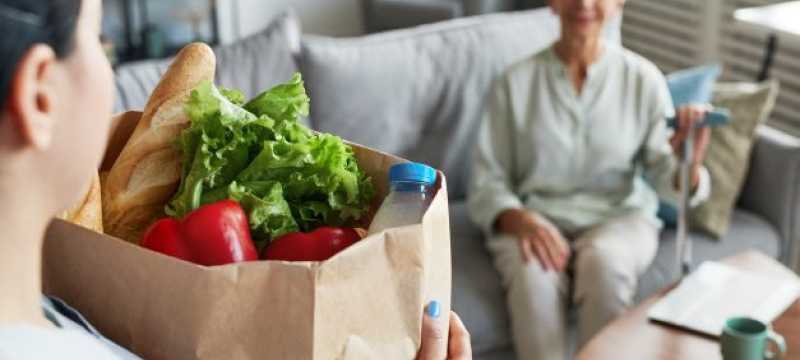Female caregiver bringing groceries to senior woman.