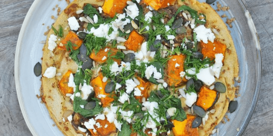 Roasted pumpkin, pesto and feta socca