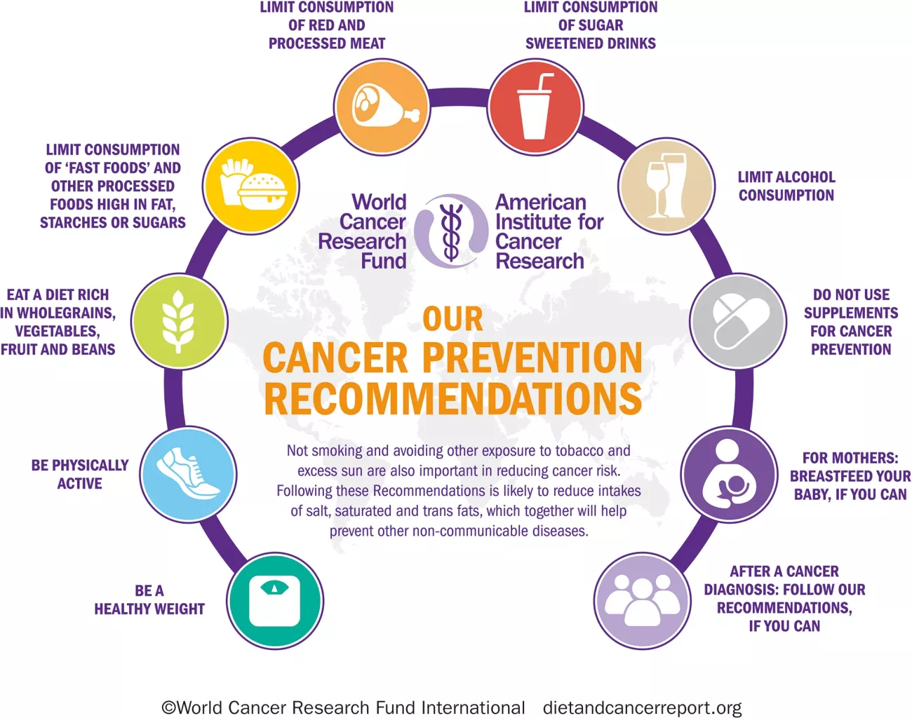 Summary of cancer prevention recommendations from World Cancer Research Fund