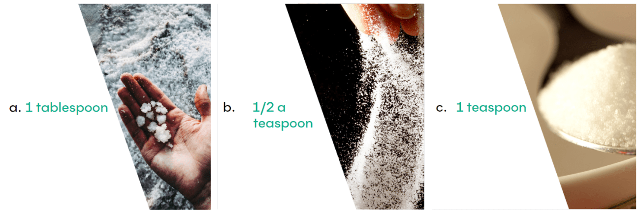 Question - 2g is our daily limit of healthy salt intake. What does 2g of salt look like?  a. 1 tablespoon  b. 1/2 a teaspoon  c. 1 teaspoon