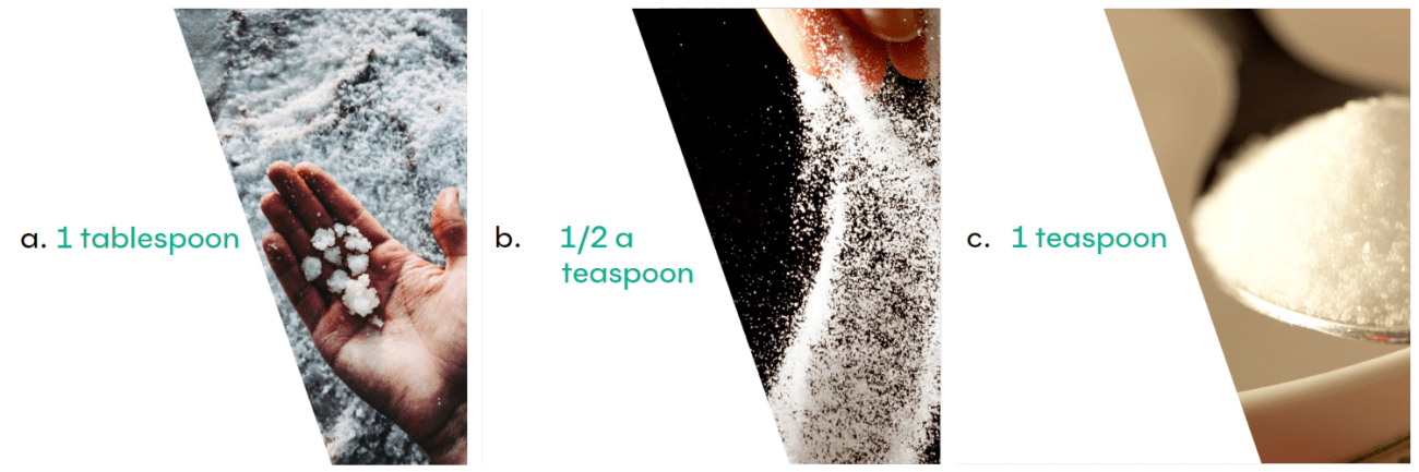 Question - 2g is our daily limit of healthy salt intake. What does 2g of salt look like? a. 1 tablespoon b. 1/2 a teaspoon c. 1 teaspoon
