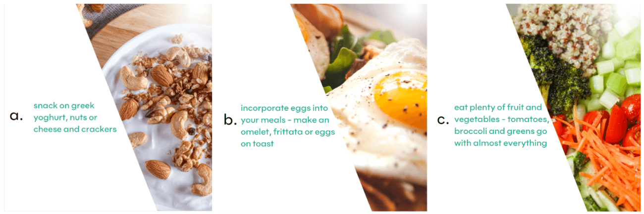Question - Which of the following is NOT a great way to incorporate protein into your diet? a. snacks on greek yoghurt, nuts or cheese and crackers b. incorporate eggs into your meals - make an omelet, frittata or eggs on toast c. eat plenty of fruit and vegetables - tomatoes, broccoli and greens go with almost everything