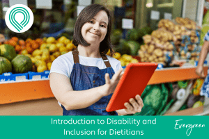 A young woman with down syndrome using a tablet in a fresh produce aisle