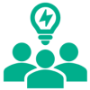 Three human figures with a light bulb above them, symbolising a bold idea.