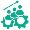 Three stylised human figures, positioned on top of two interlocking gears, with an upward-pointing arrow above them, indicating growth or progress.
