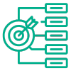 Icon of a target with an arrow in the bullseye, connected to a flowchart with several rectangular boxes.