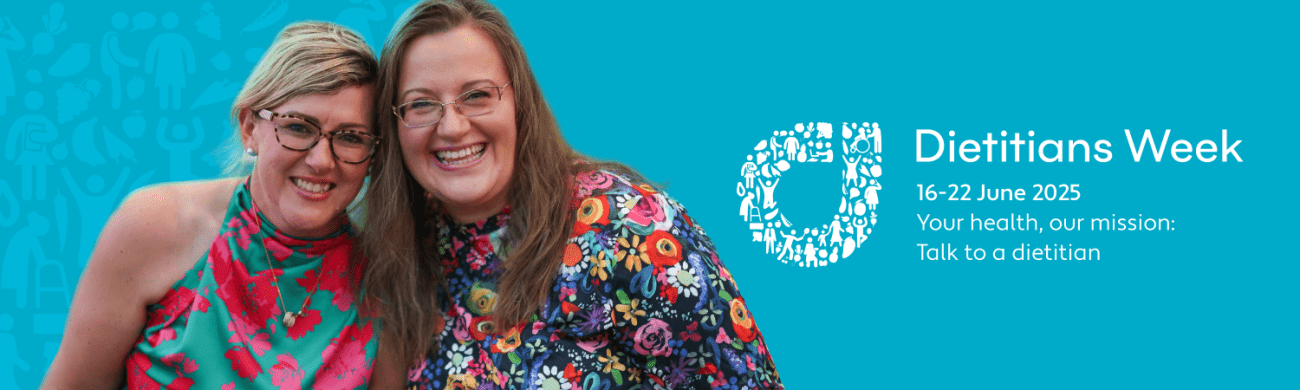Two people standing in front of a blue background. The person on the left is wearing a colorful striped garment, while the person on the right is wearing a floral-patterned garment. On the right side of the image, there is text that reads: 'Dietitians Week 16-22 June 2025 Your health, our mission: Talk to a dietitian'.