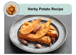 A plate of roasted potato wedges garnished with herbs and whole garlic cloves, set against a light green background.