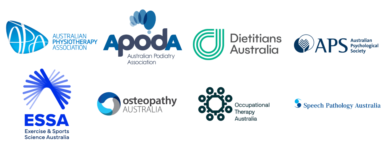 Logos for Australian Physiotherapy Association, Australian Podiatry Association, Dietitians Australia, Australian Psychological Society, Exercise & Sports Science Australia, Osteopathy Australia, Occupational Therapy Australia, and Speech Pathology Australia